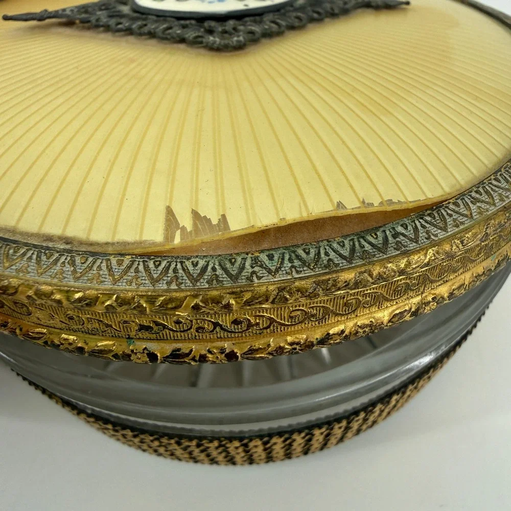 Vintage Ormolu Vanity Powder Jar Amber Lucite Lid Rose Cabochon Glass Box